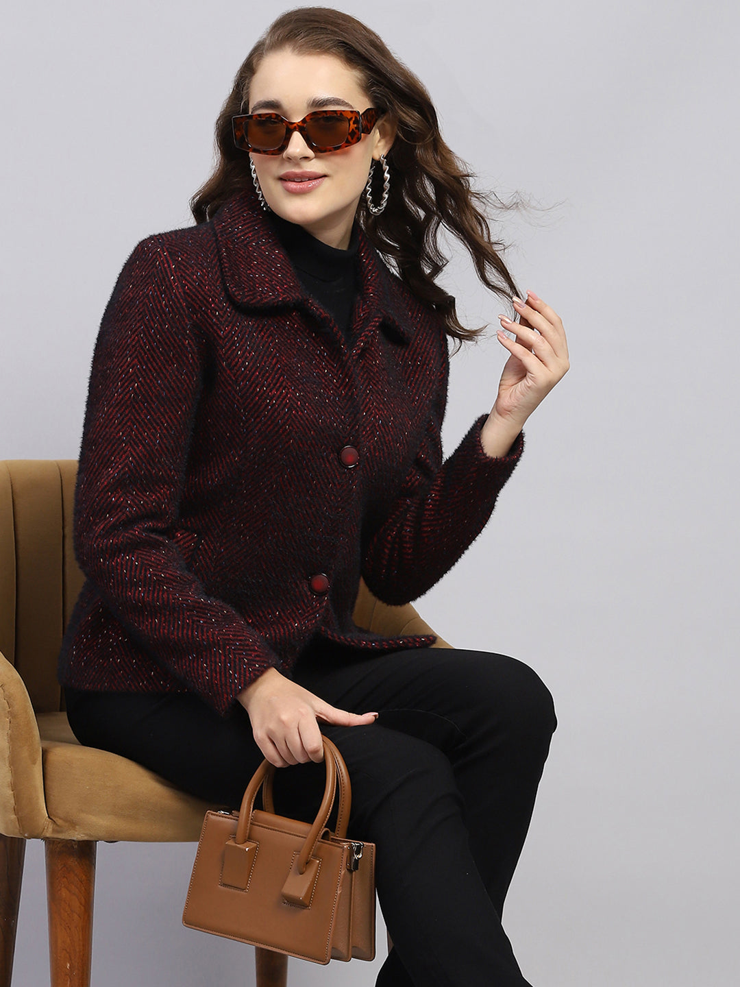 Women Maroon Self Design Collar Full Sleeve Coat