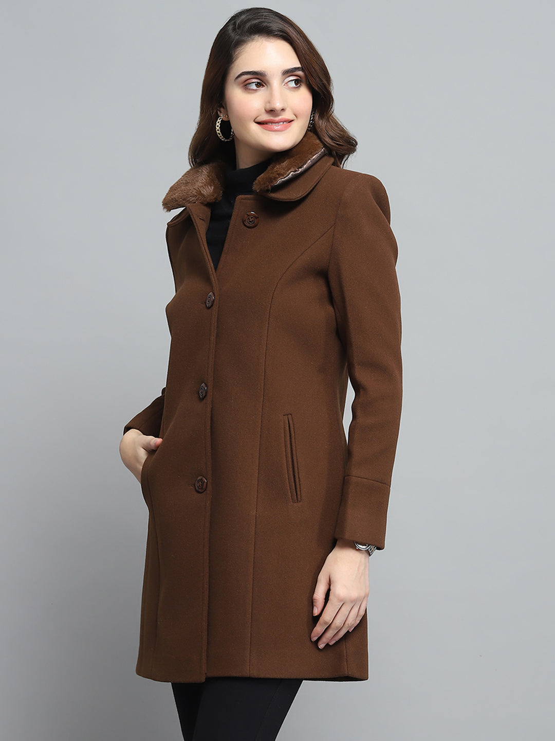 Women Brown Solid Collar Full Sleeve Coat
