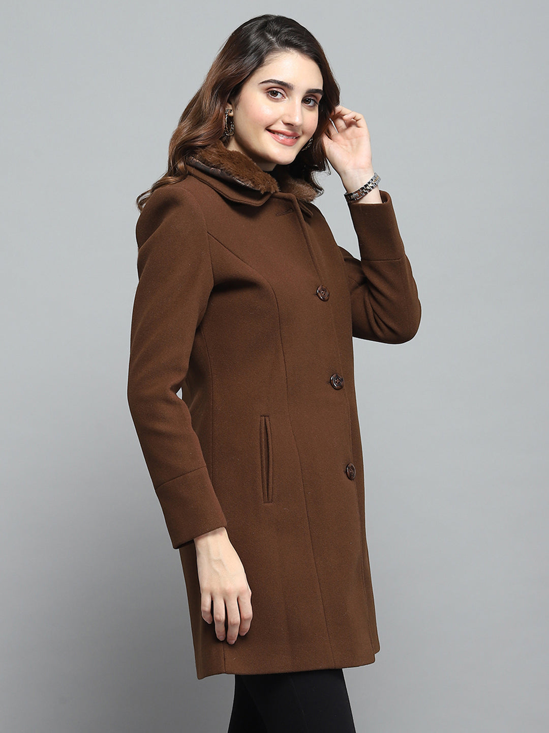 Women Brown Solid Collar Full Sleeve Coat