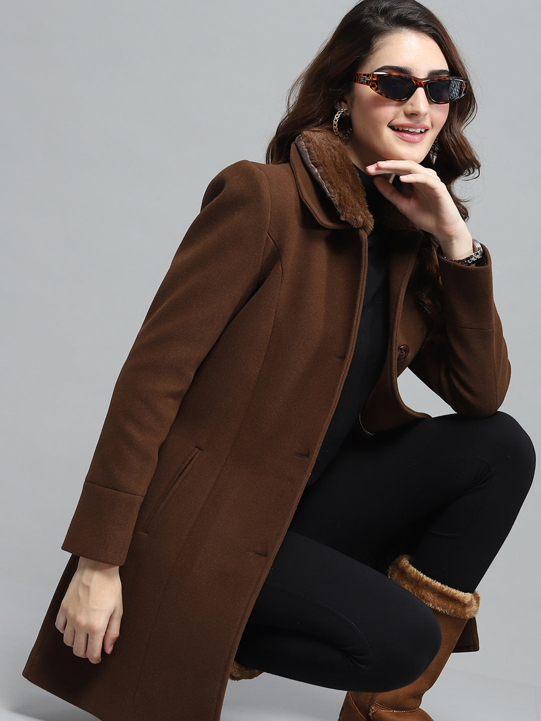 Women Brown Solid Collar Full Sleeve Coat