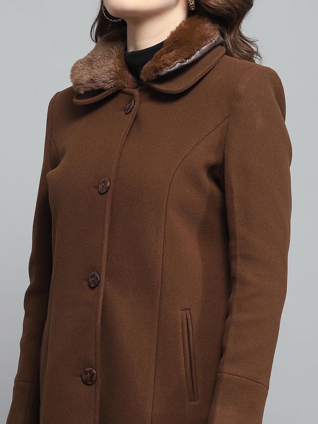 Women Brown Solid Collar Full Sleeve Coat