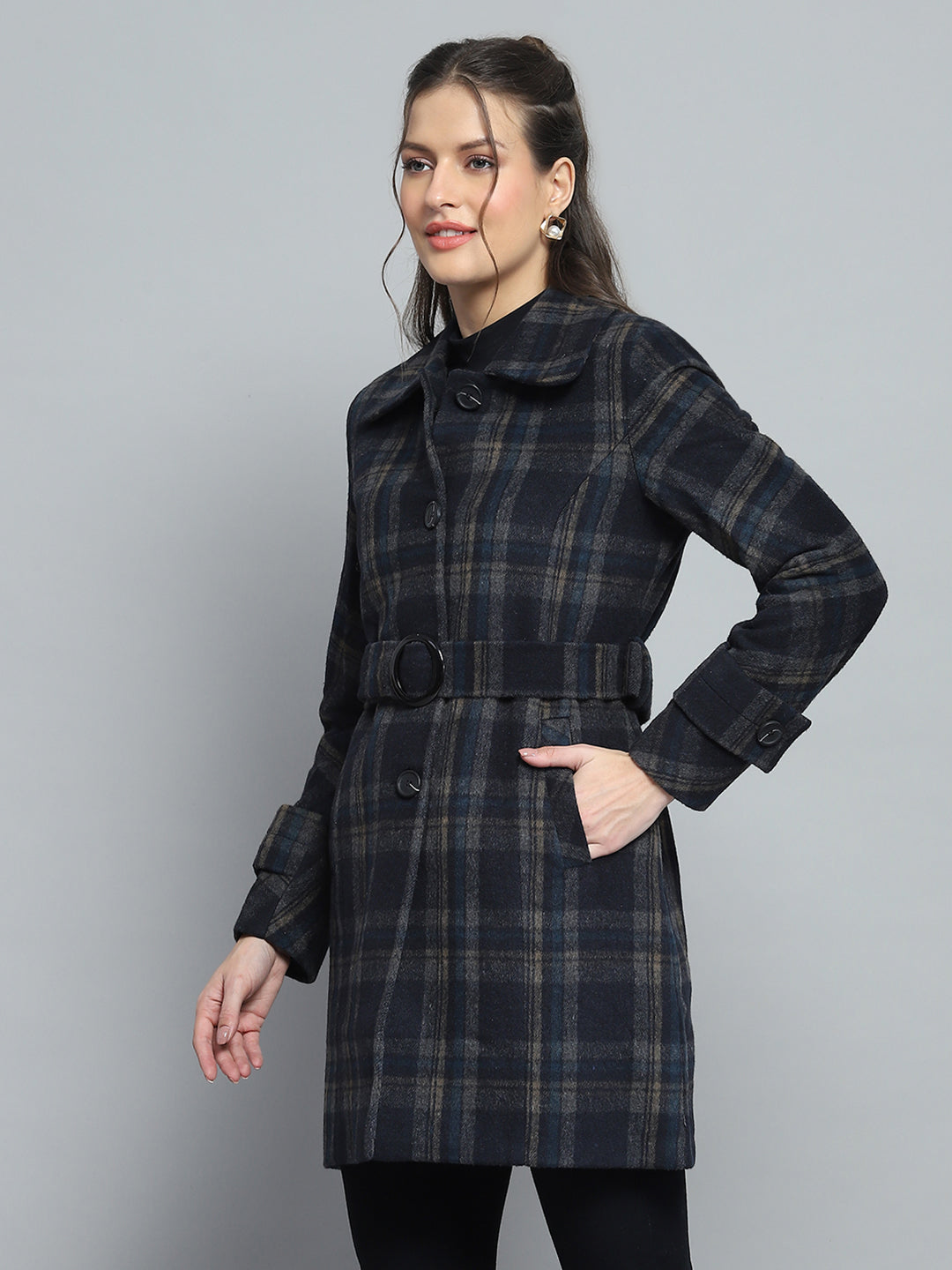 Women Navy Blue Check Collar Full Sleeve Coat