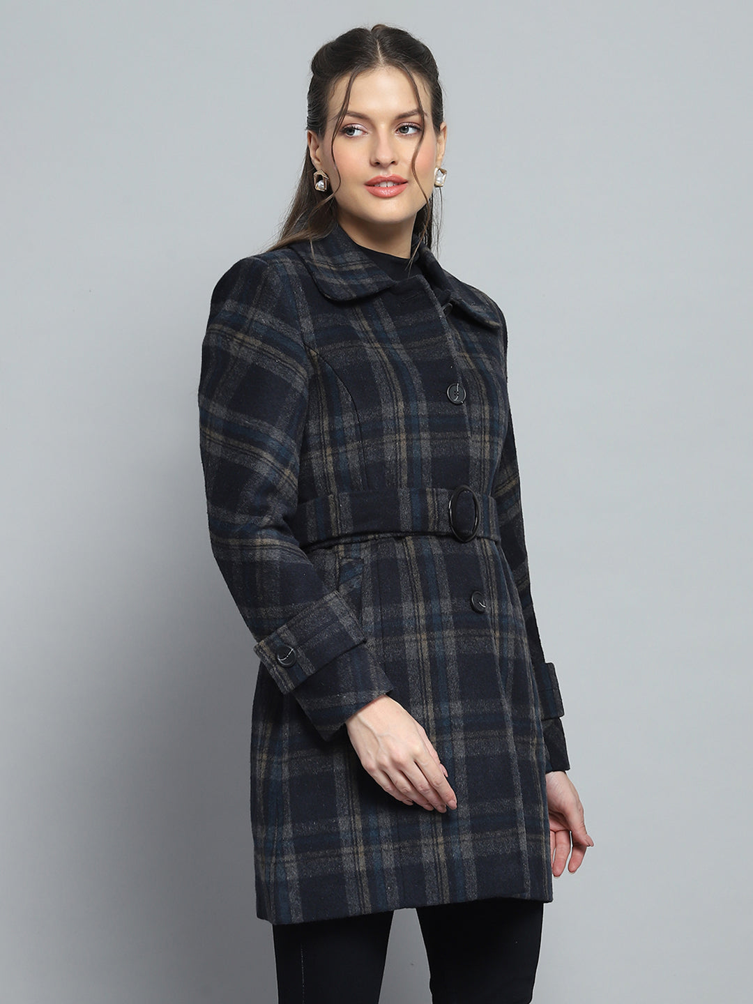 Women Navy Blue Check Collar Full Sleeve Coat