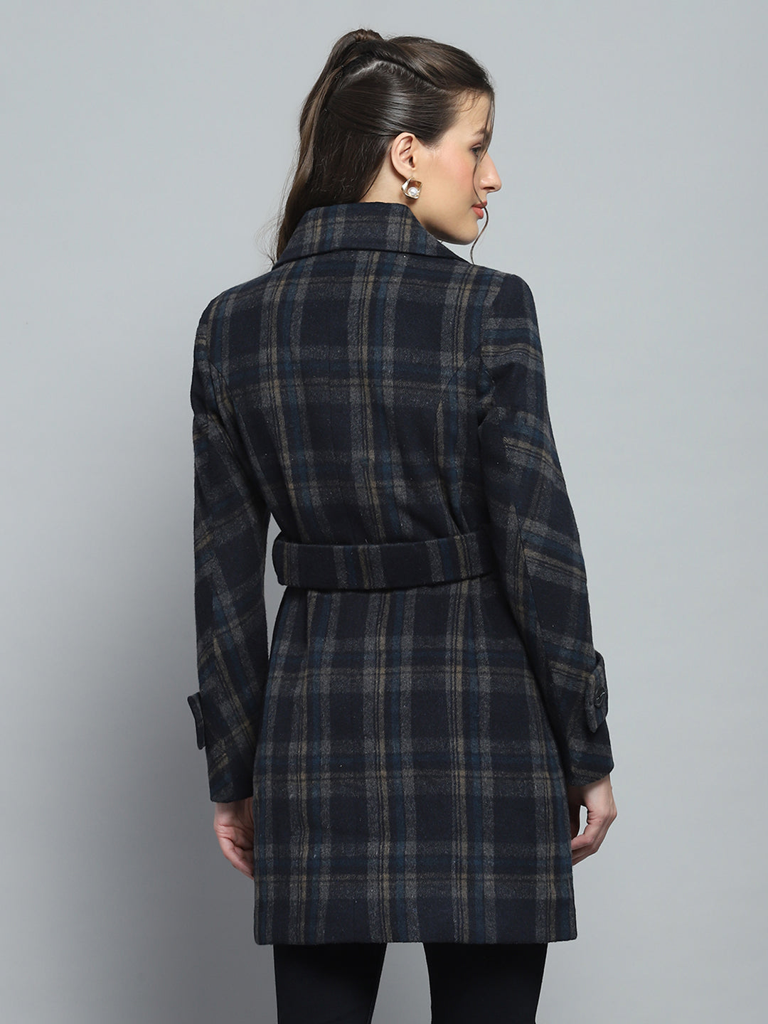 Women Navy Blue Check Collar Full Sleeve Coat