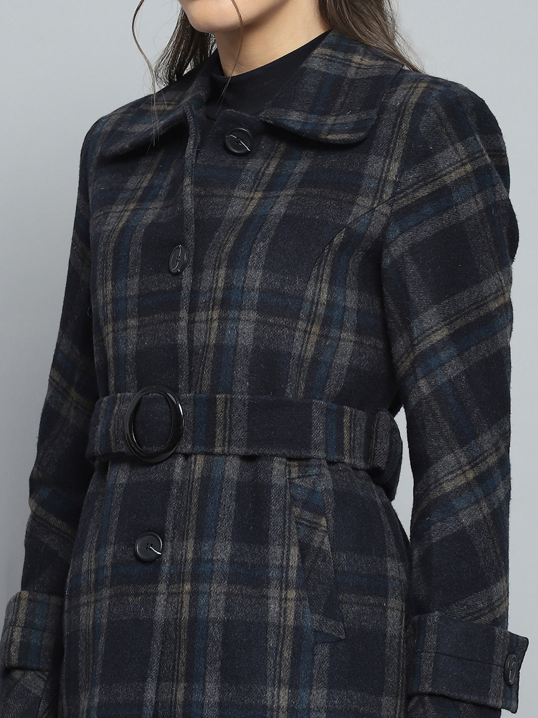 Women Navy Blue Check Collar Full Sleeve Coat