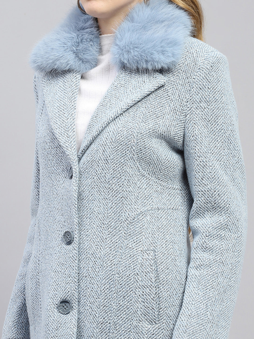 Women Blue Self Design Collar Full Sleeve Coat
