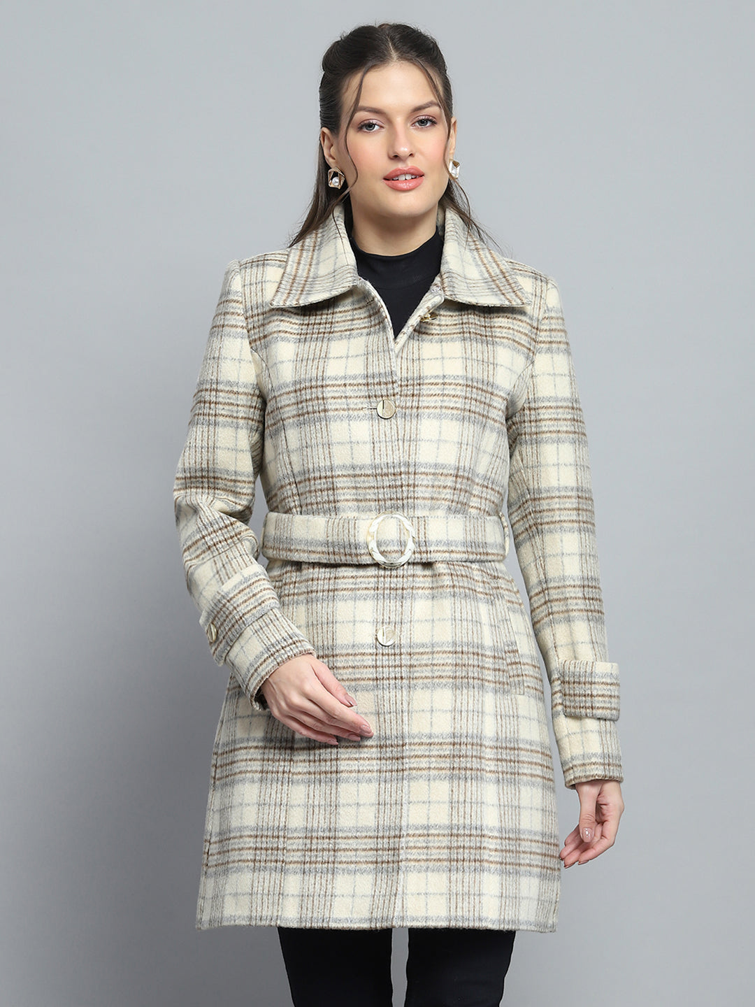 Women Beige Check Collar Full Sleeve Coat