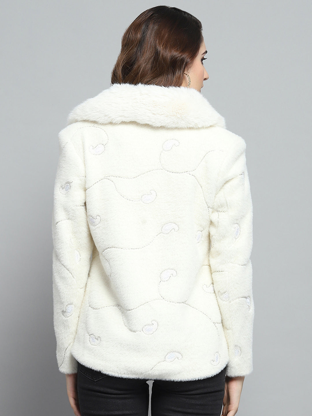 Women White Self Design Collar Full Sleeve Coat