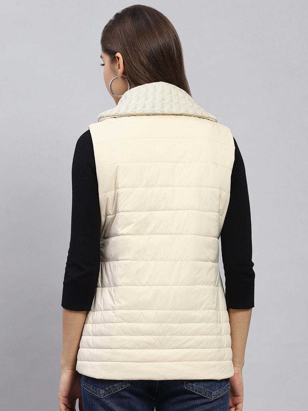 Women Cream Solid Collar Sleeveless Jacket