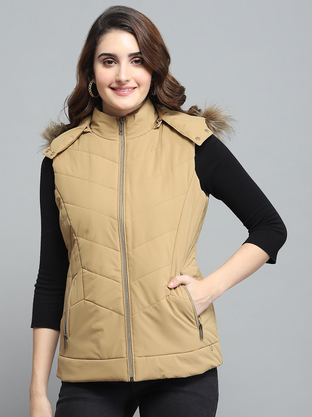Women Khaki Solid Detachable Hood Sleeveless Jacket