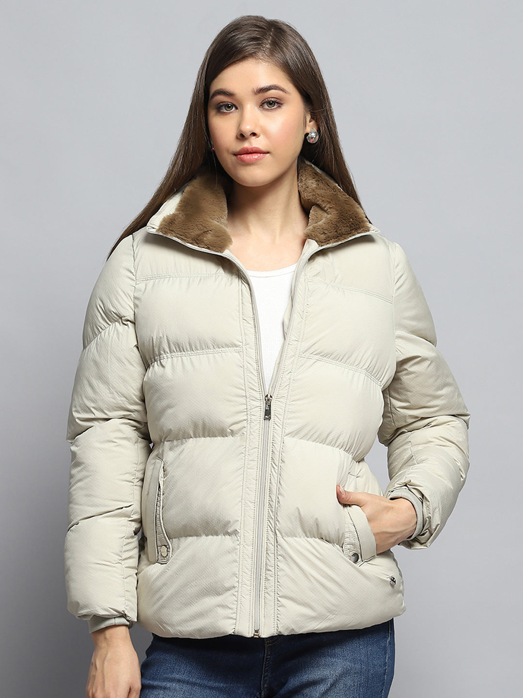 Women Cream Self Design Collar Full Sleeve Jacket