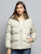 Women Cream Self Design Collar Full Sleeve Jacket