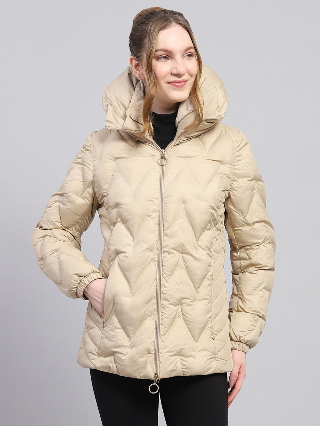 Women Beige Solid Hooded Full Sleeve Jacket