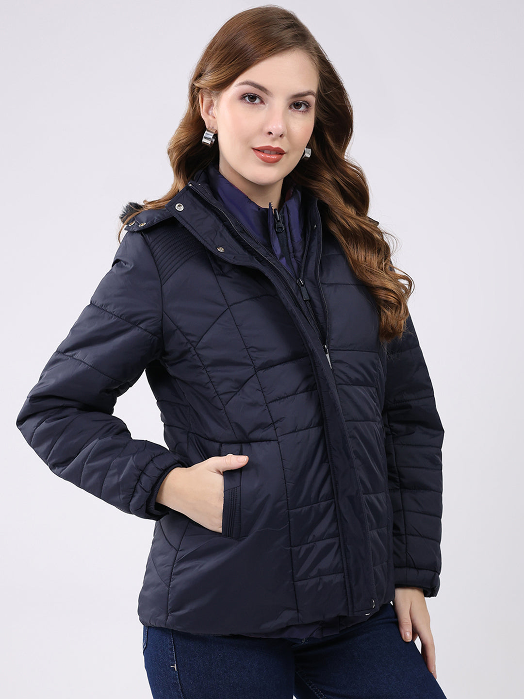 Women Navy Blue Self Design Hooded Jacket Set (1 Full & 1 Half Sleeve Reversible)