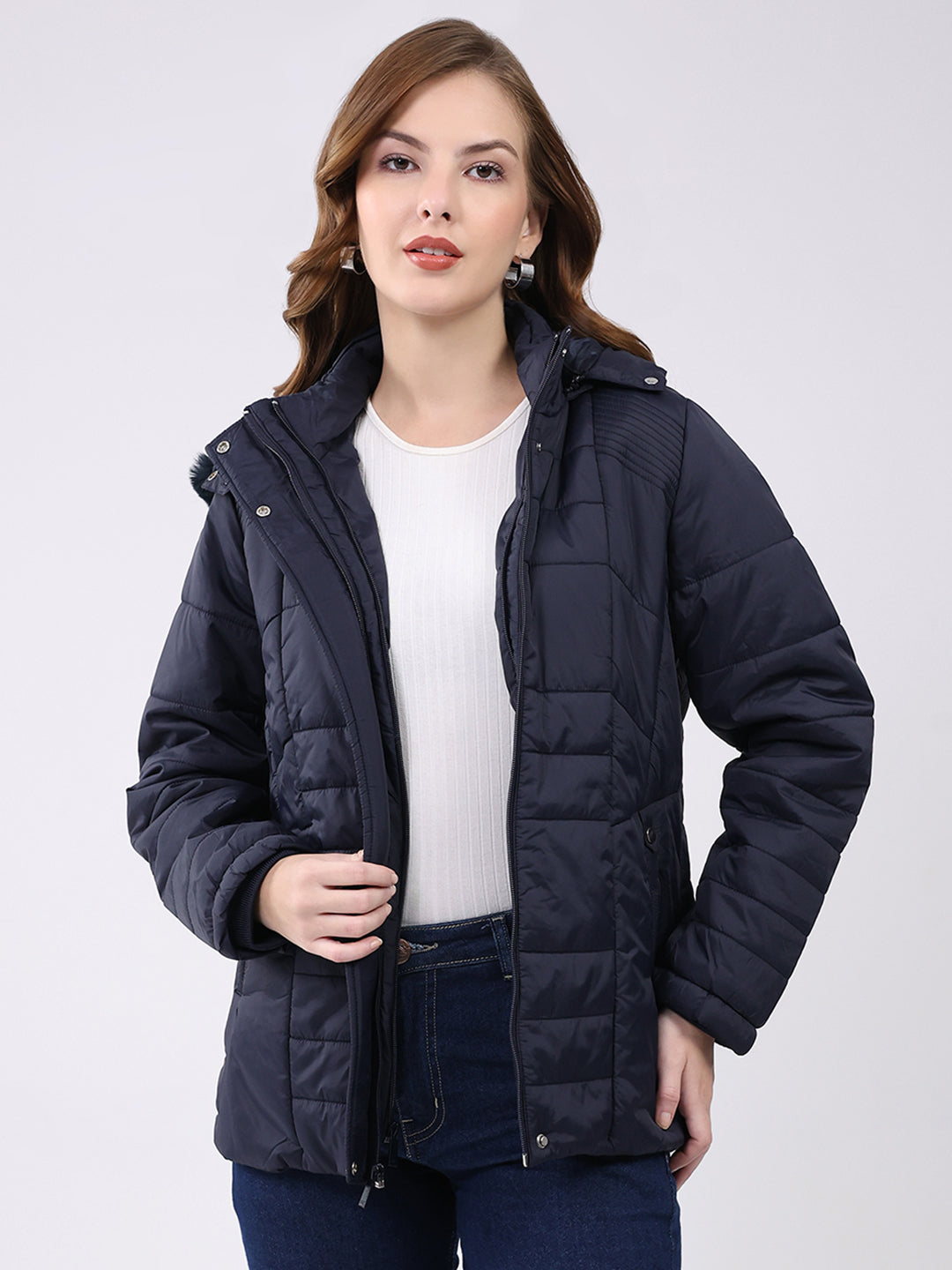 Women Navy Blue Self Design Hooded Jacket Set (1 Full & 1 Half Sleeve Reversible)
