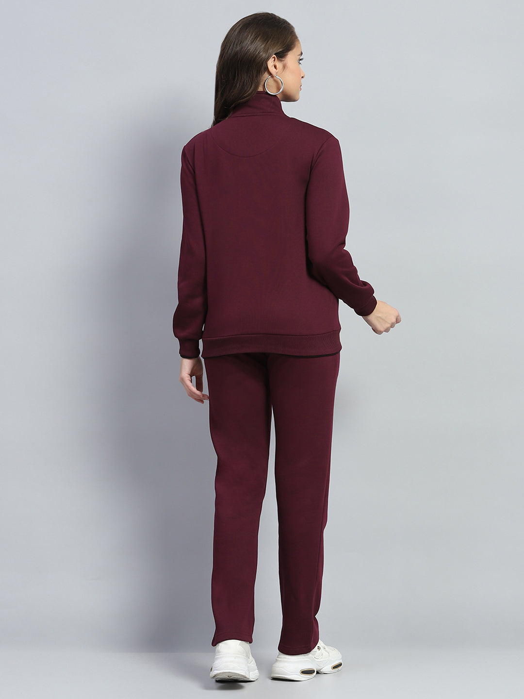 Women Maroon Solid Mock Neck Full Sleeve Winter Tracksuit
