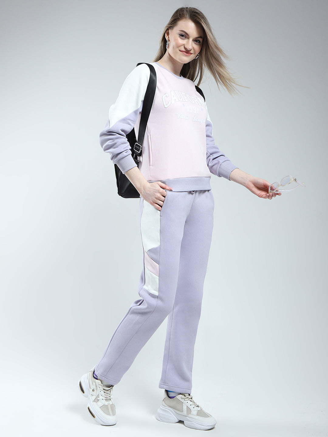 Women Purple Printed Round Neck Full Sleeve Winter Tracksuit