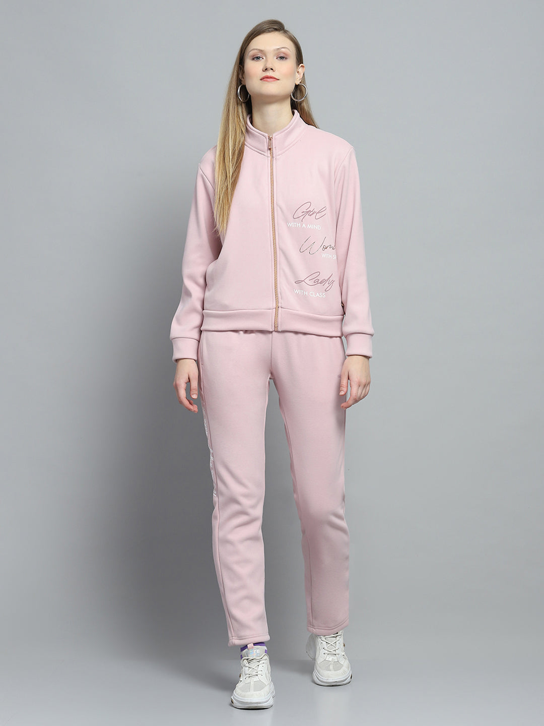 Women Pink Printed Mock Neck Full Sleeve Tracksuit