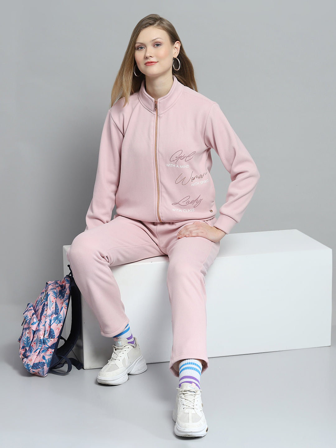 Women Pink Printed Mock Neck Full Sleeve Tracksuit
