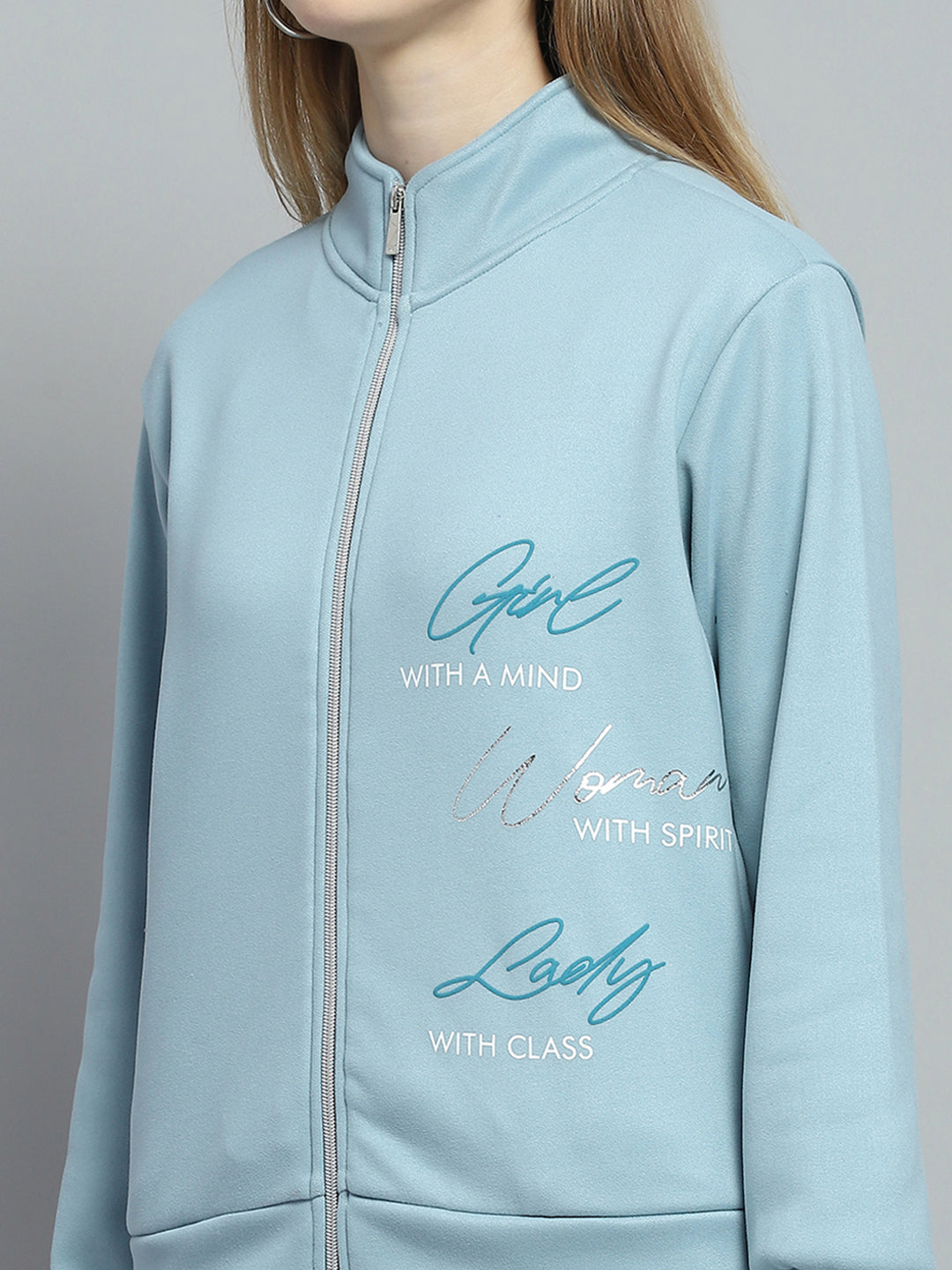 Women Blue Printed Mock Neck Full Sleeve Tracksuit