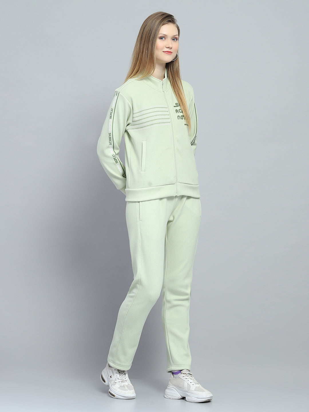 Women Green Printed Mock Neck Full Sleeve Tracksuit