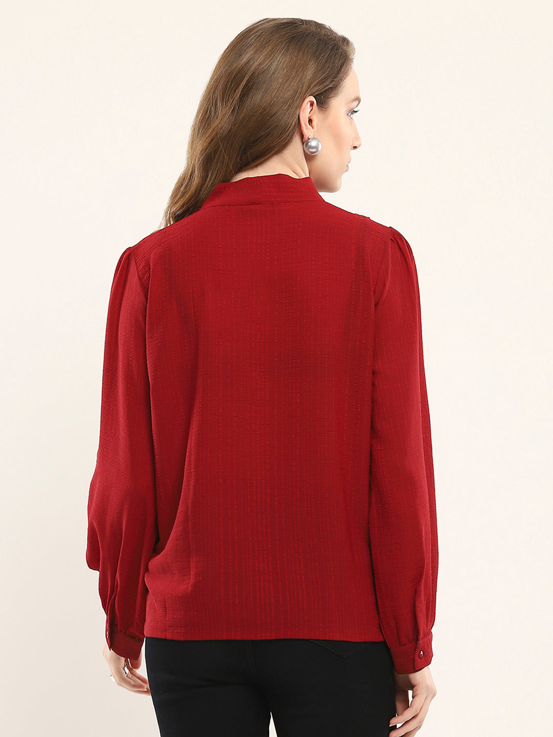 Women Maroon Solid Round Neck Full Sleeve Winte Top