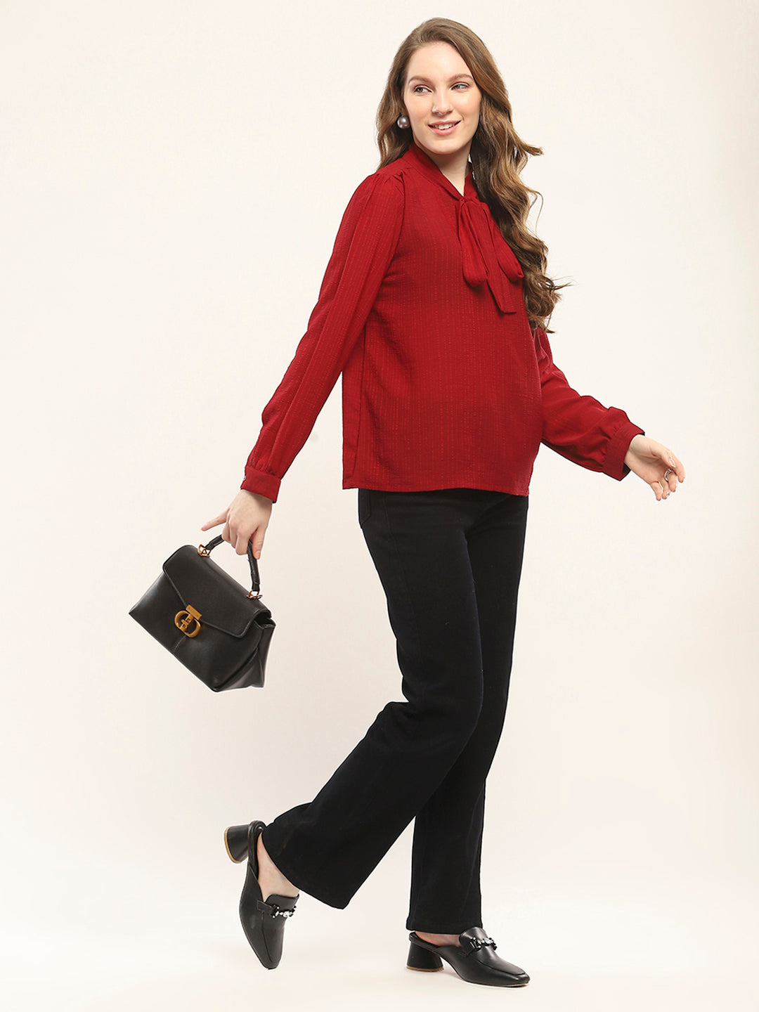 Women Maroon Solid Round Neck Full Sleeve Winte Top
