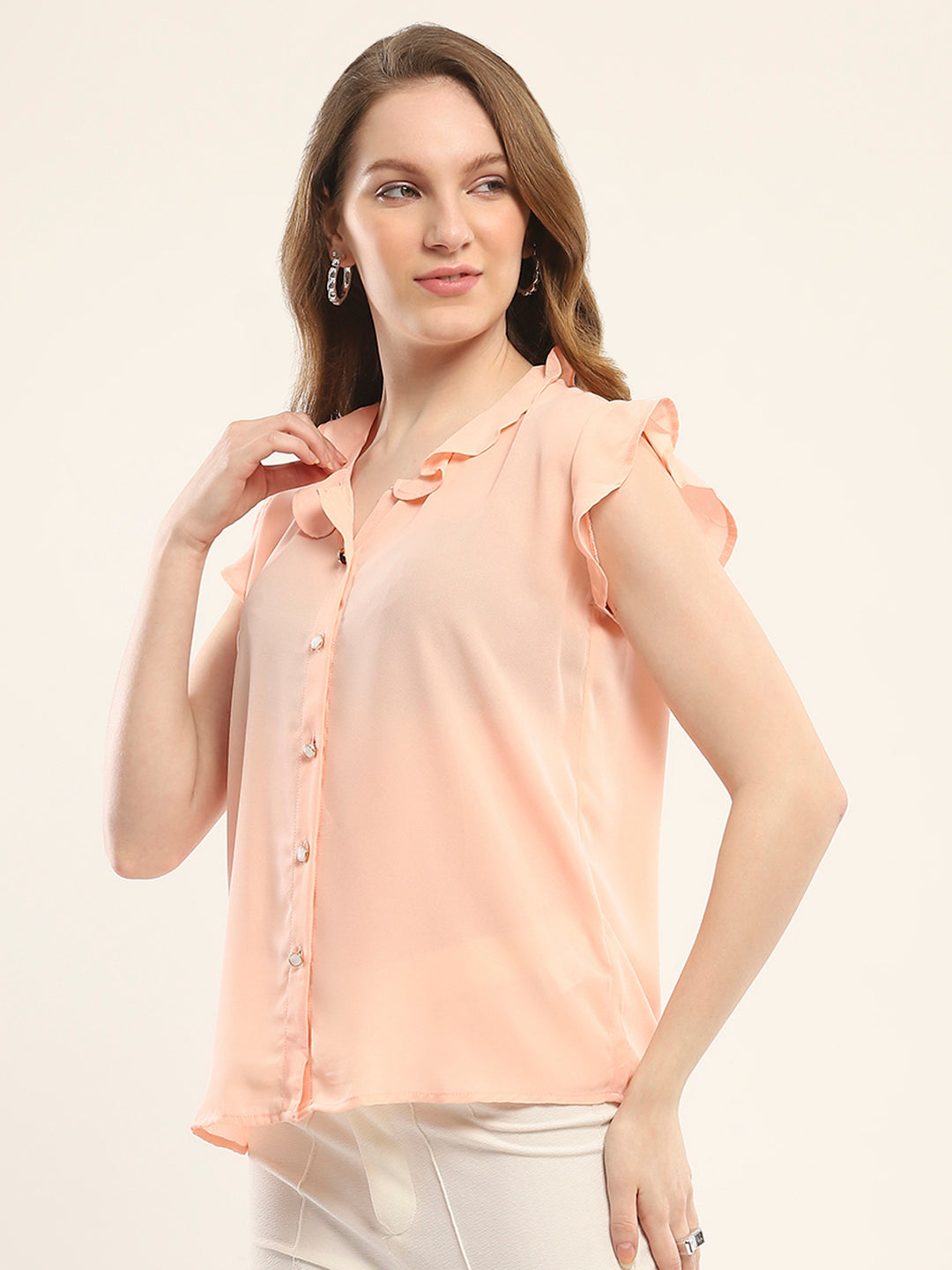 Women Peach Solid V Neck Sleeveless Winte Top