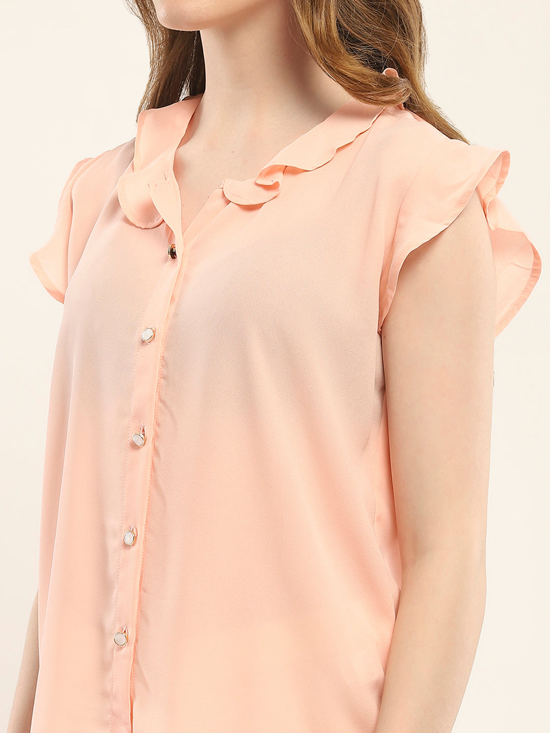 Women Peach Solid V Neck Sleeveless Winte Top