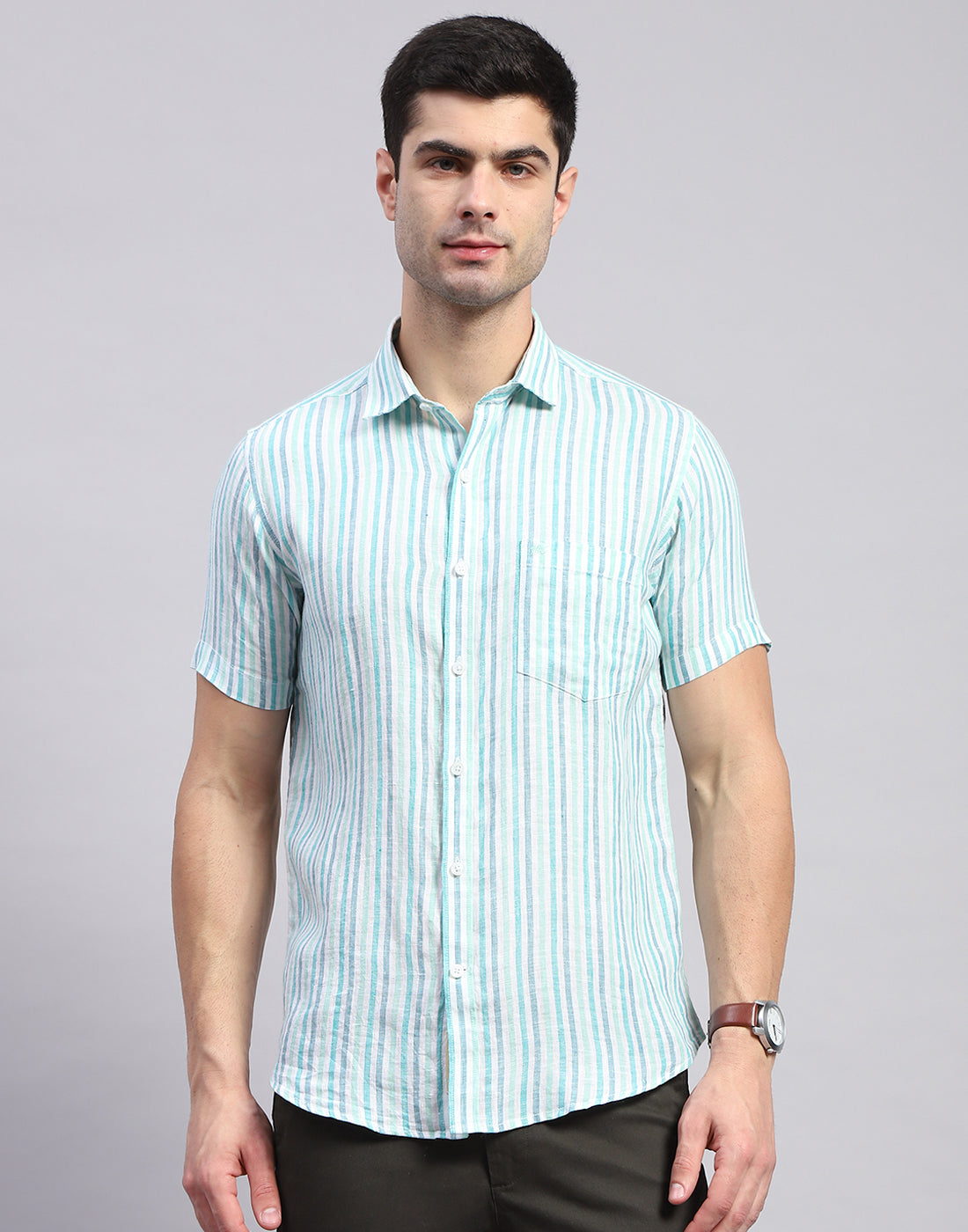 Men Sea Green Stripe Collar Half Sleeve Shirt