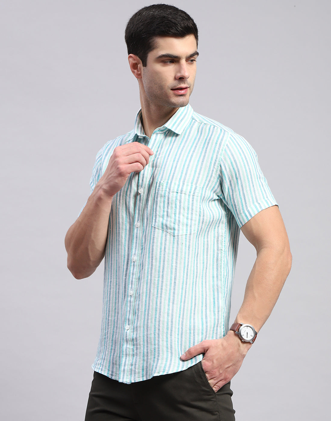 Men Sea Green Stripe Collar Half Sleeve Shirt