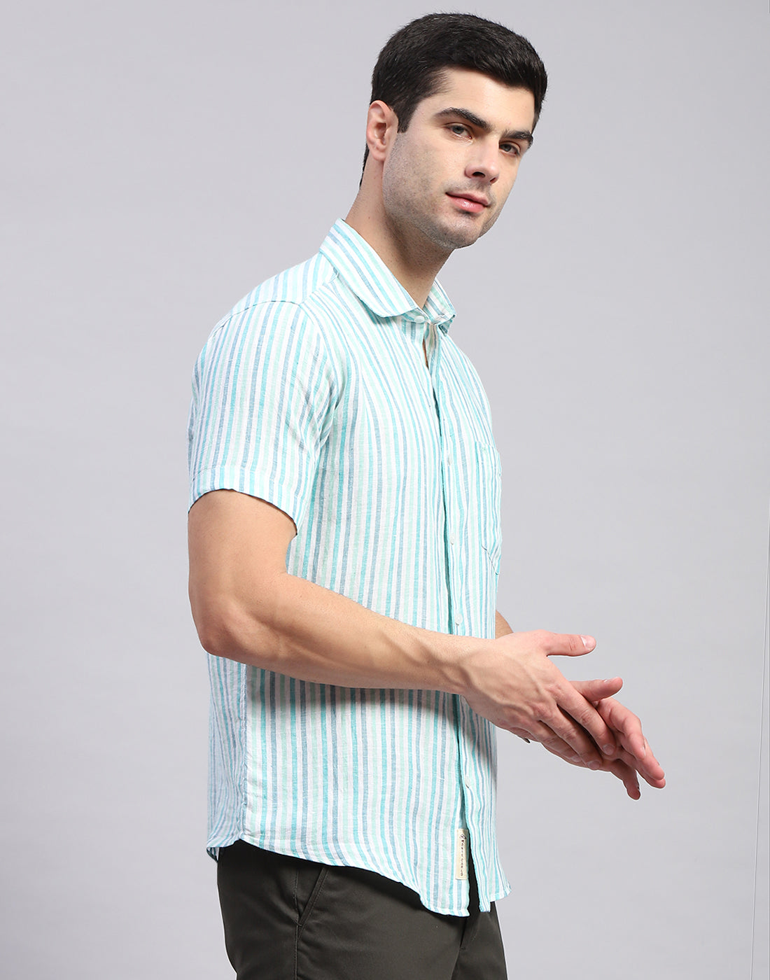 Men Sea Green Stripe Collar Half Sleeve Shirt