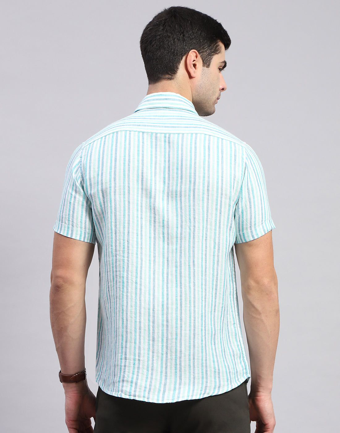 Men Sea Green Stripe Collar Half Sleeve Shirt