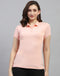 Women Peach Solid Polo Collar Half Sleeve T Shirt