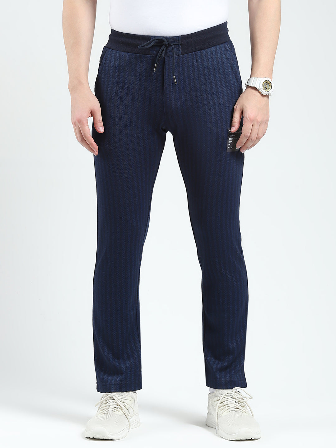 Men Navy Blue Self Design Regular Fit Winter Lower
