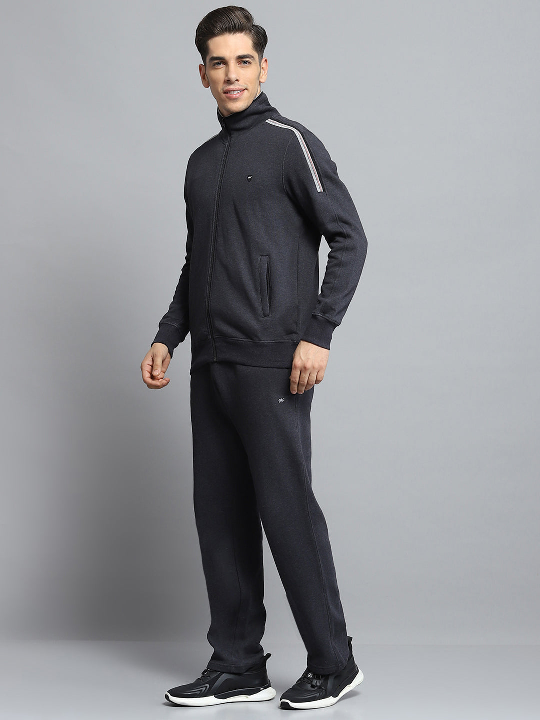 Men Charcoal Solid Mock Neck Full Sleeve Winter Tracksuit