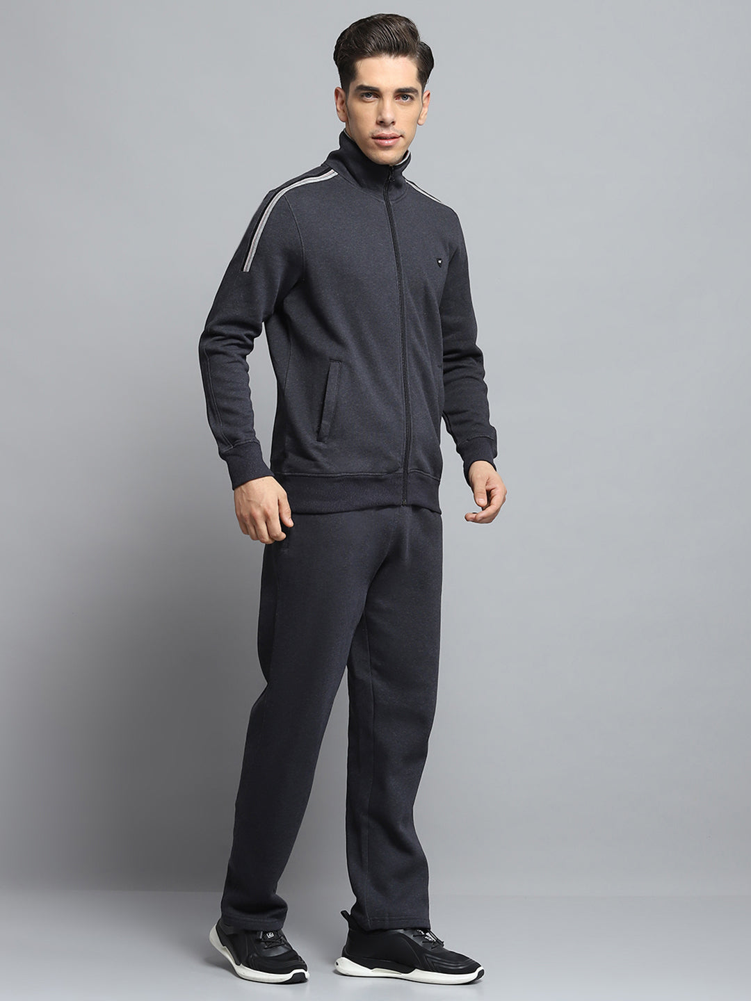 Men Charcoal Solid Mock Neck Full Sleeve Winter Tracksuit