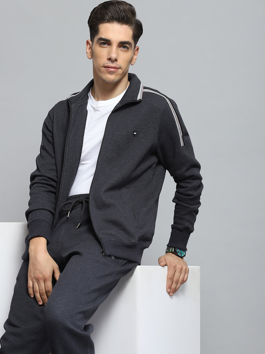 Men Charcoal Solid Mock Neck Full Sleeve Winter Tracksuit