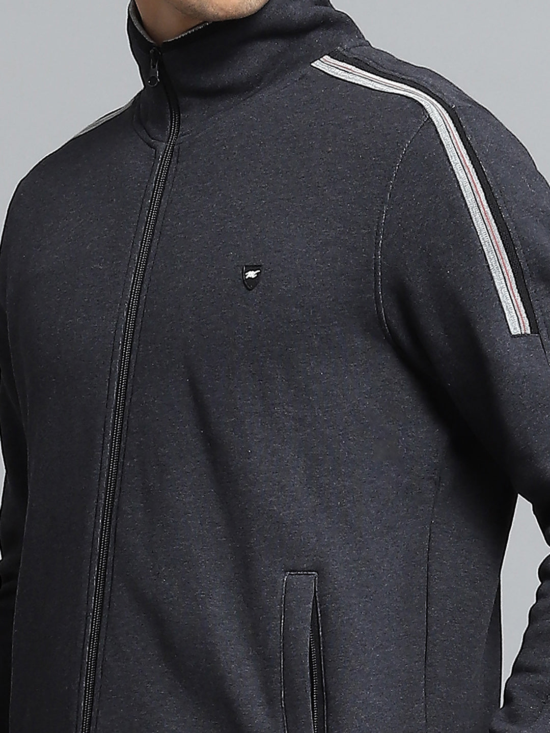 Men Charcoal Solid Mock Neck Full Sleeve Winter Tracksuit