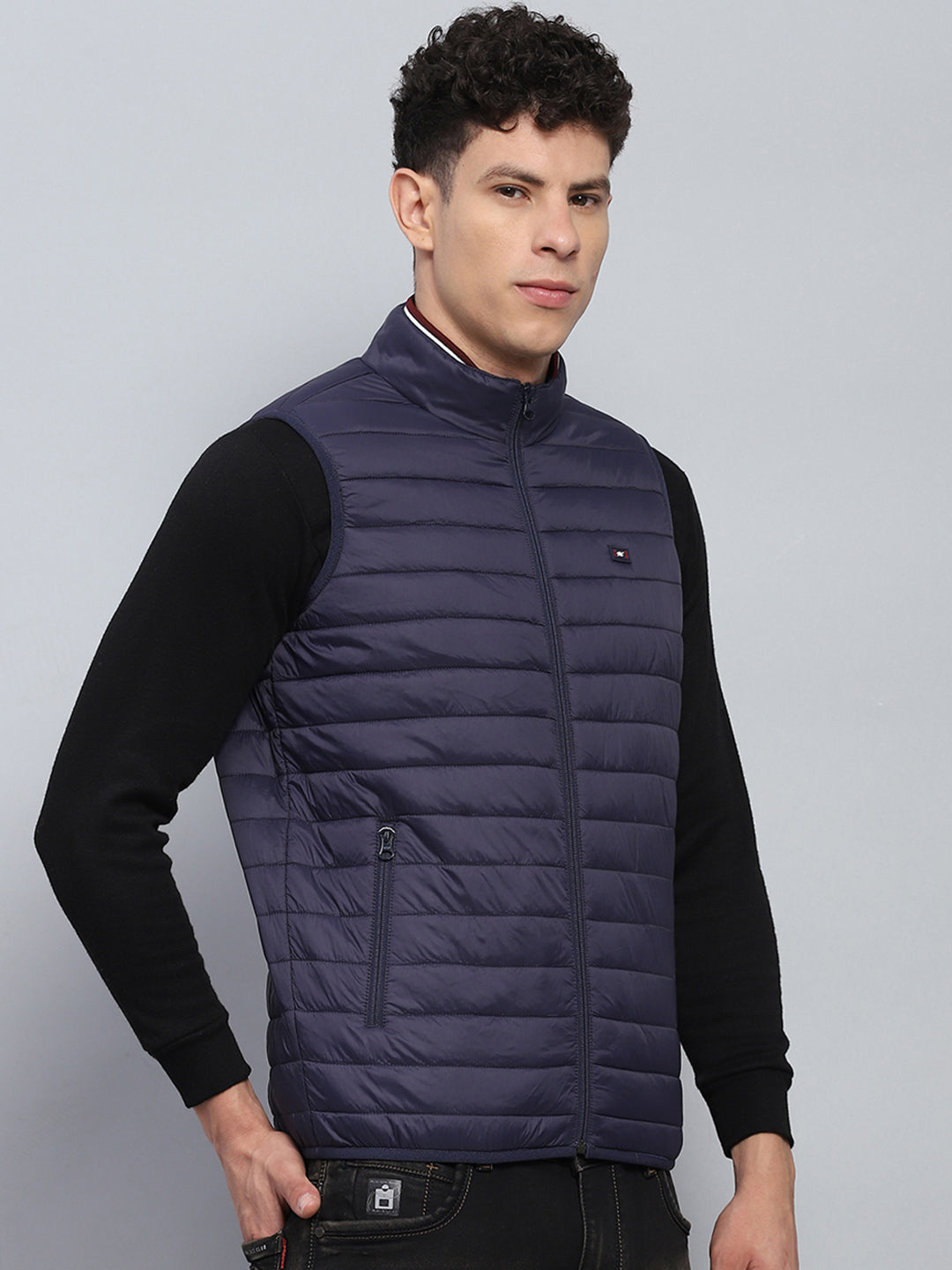 Men Navy Blue Solid Mock Neck Sleeveless Jacket