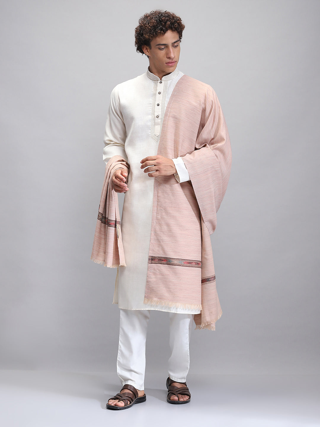 Men Beige Self Design Lohi Shawl