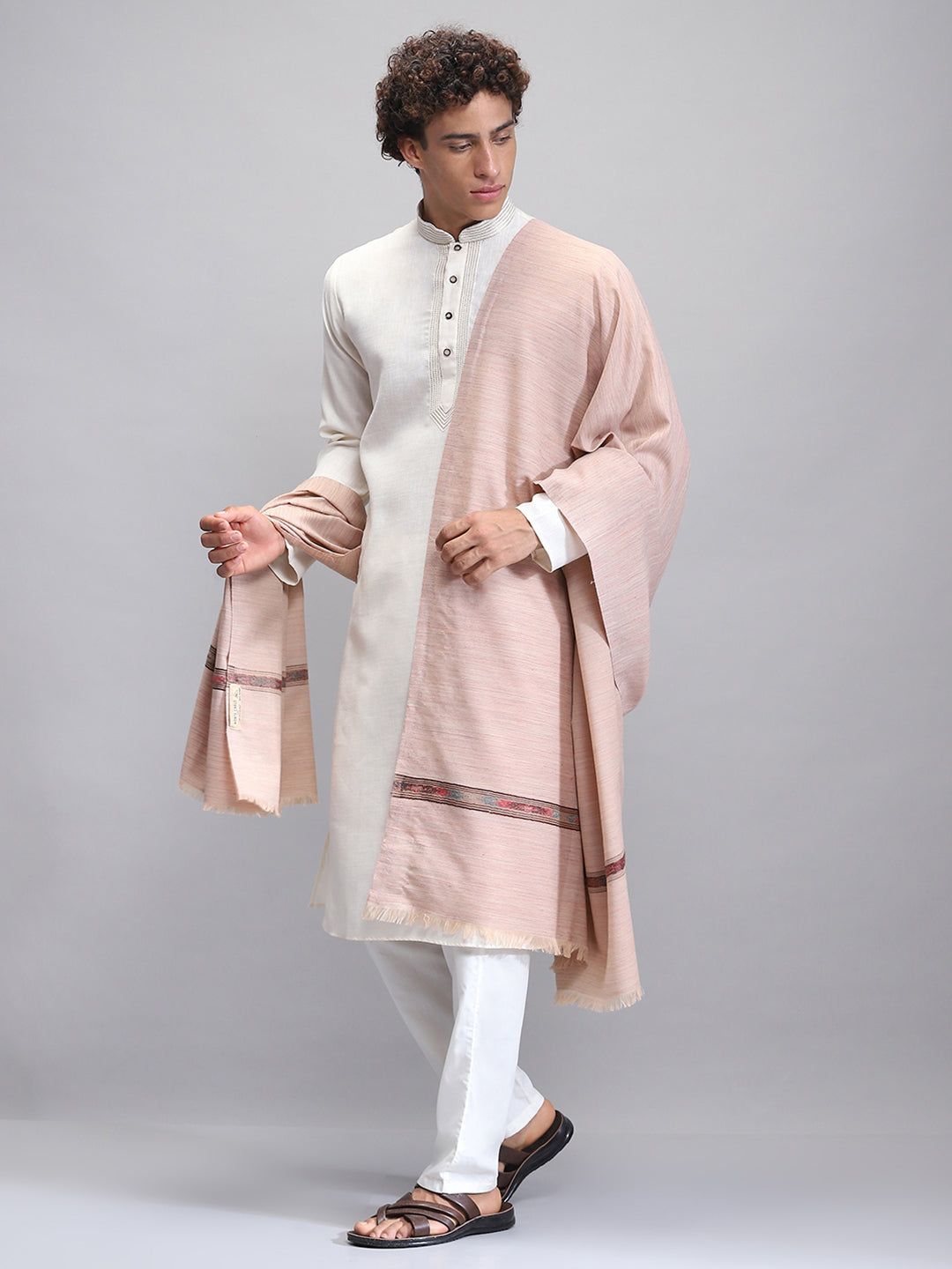 Men Beige Self Design Lohi Shawl