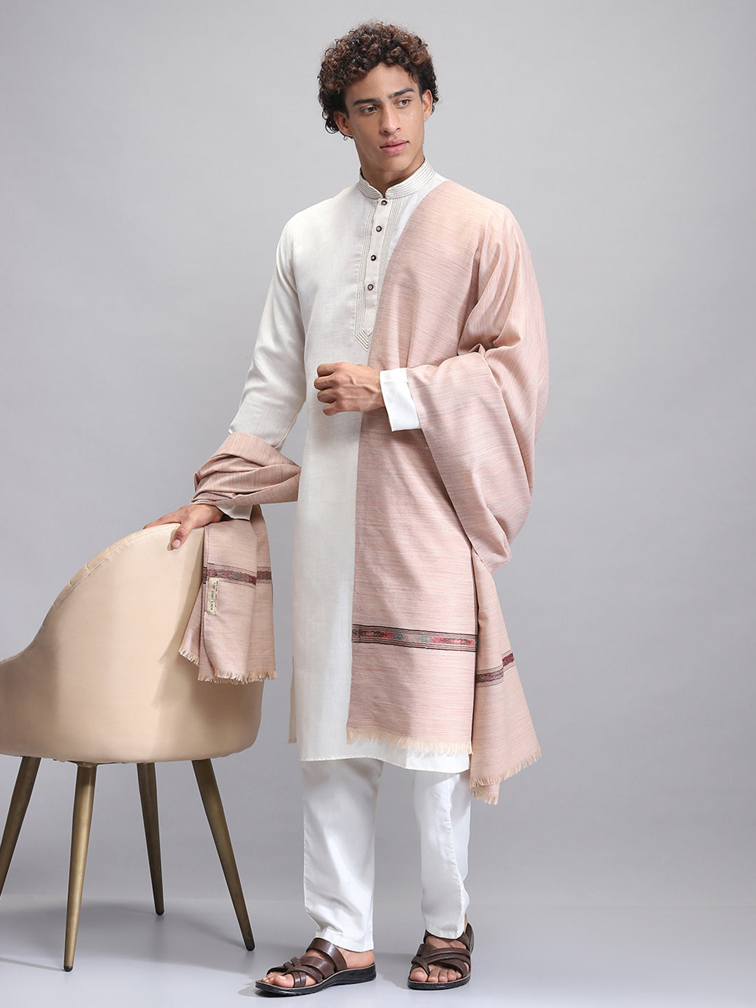 Men Beige Self Design Lohi Shawl