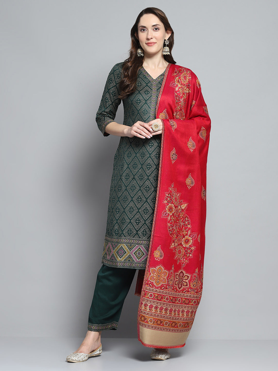 Women Red Self Design Shawl