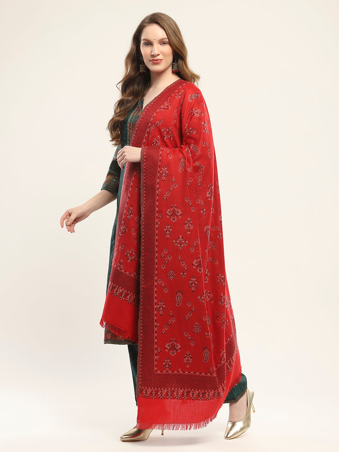 Women Red Self Design Shawl