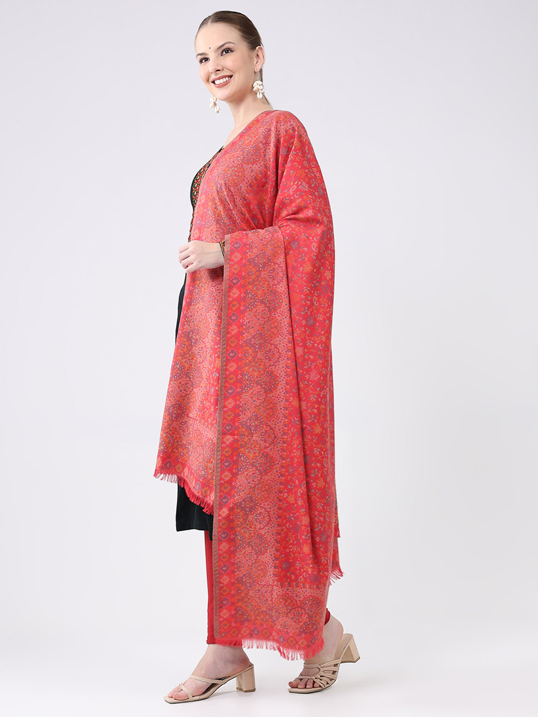 Women Pink Self Design Wool Shawl