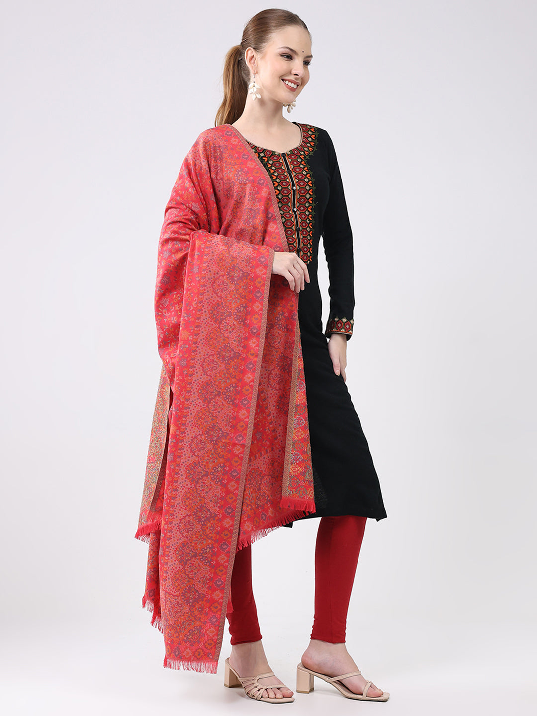 Women Pink Self Design Wool Shawl