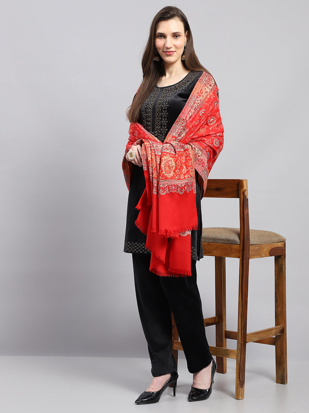 Women Red Self Design Shawl