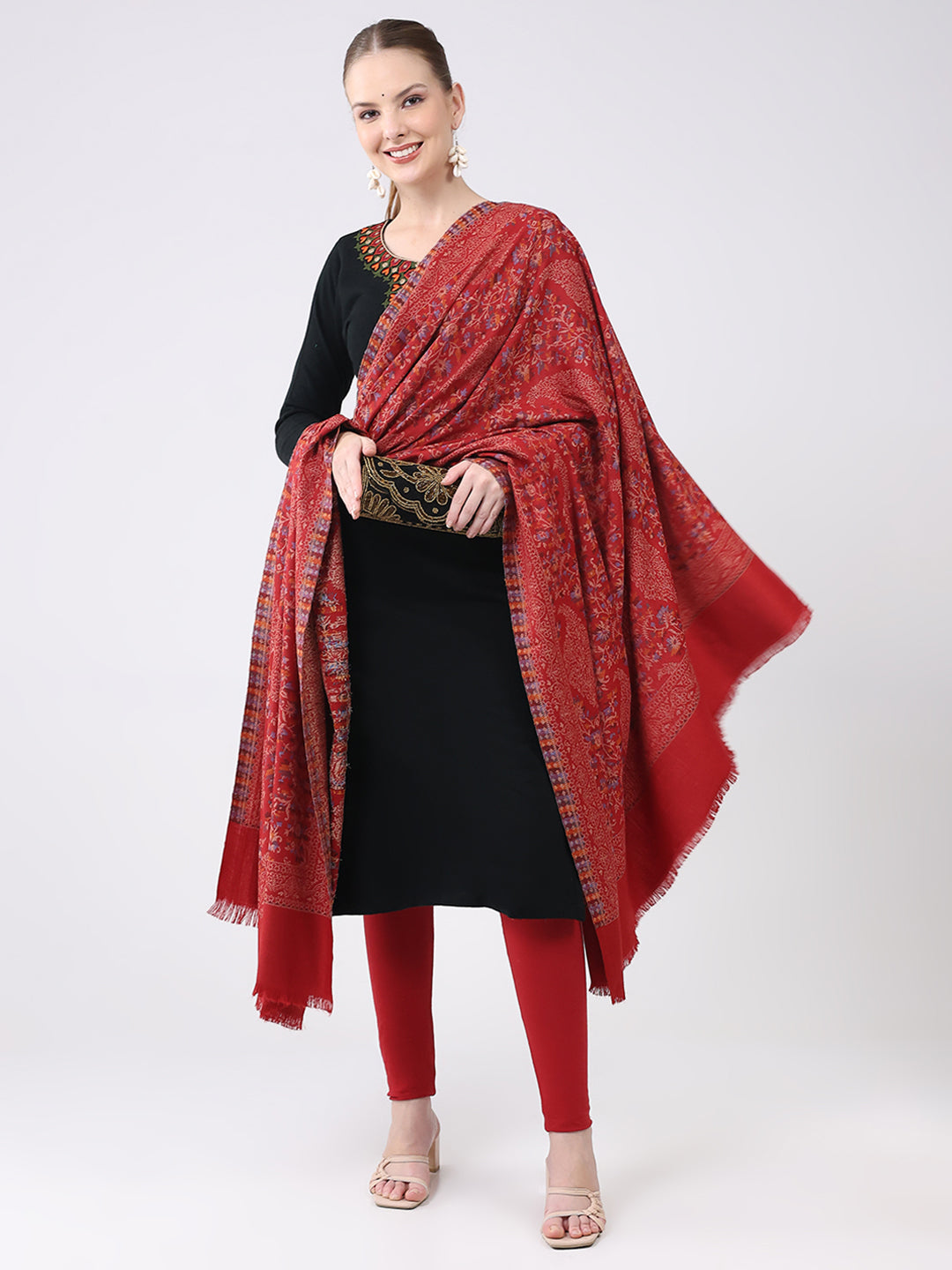 Women Maroon Self Design Wool Shawl