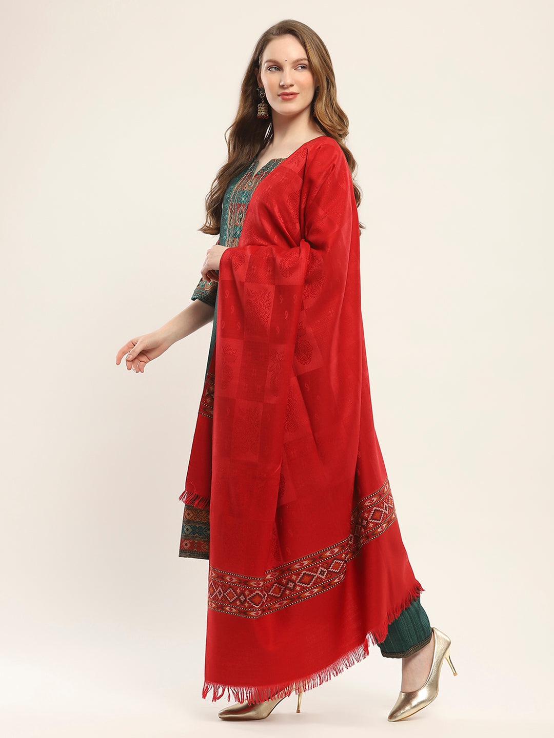 Women Red Self Design Shawl
